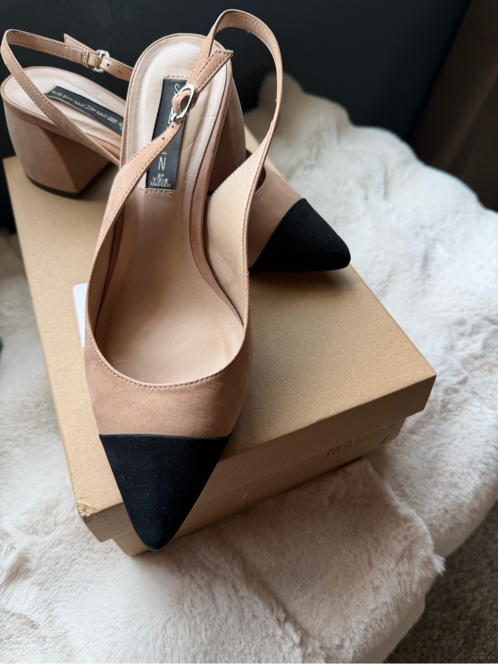 Steve Madden Slingback Block Heel Suede Pumps - Nude with Black Cap Toe Size 8.5